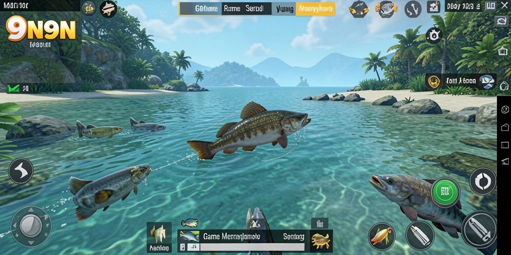 Screenshot gameplay 9N9N menampilkan aksi memancing yang mendebarkan.