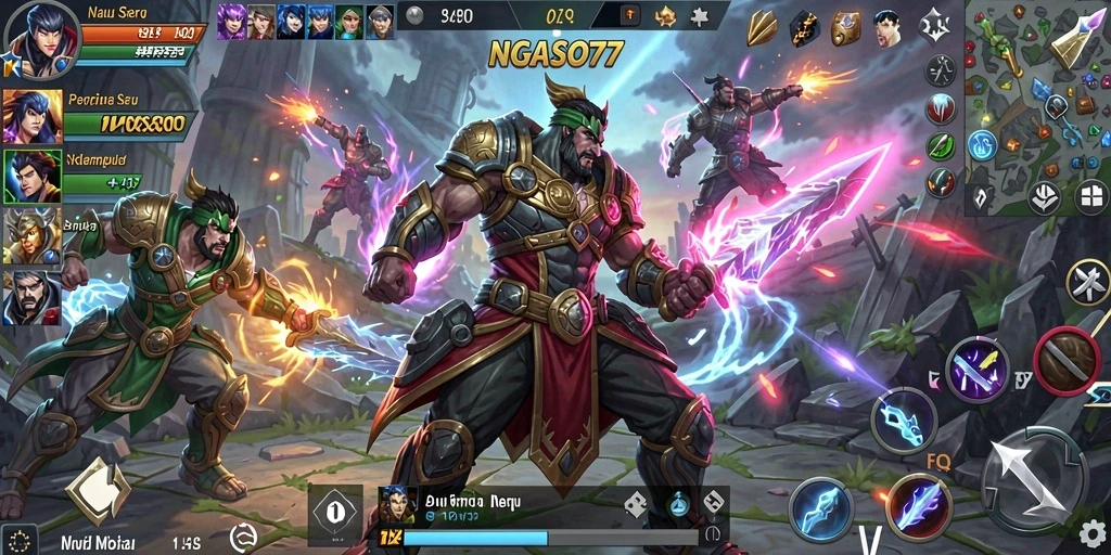 Ilustrasi pertarungan intens dalam game MOBA NGASO77.