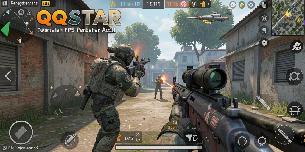 Tampilan seru gameplay QQSTAR dalam pertempuran FPS.