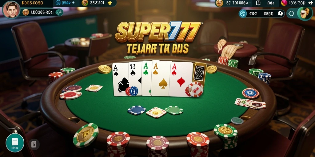 Tampilan utama SUPER777 dengan aksi permainan poker yang seru.